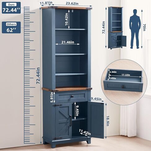 72in Tall Bookshelf 7 Tier Bookcase with Drawer and Barn Doors and Adjustable Shelves, Blue Farmhouse Book Shelf with Storage Cabinet, Wood Freestanding Display Bookshelves for Living Room in Kuwait