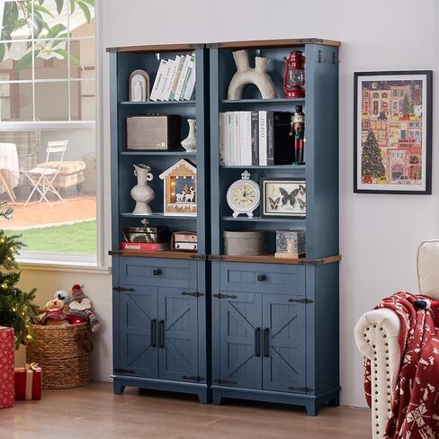 72in Tall Bookshelf 7 Tier Bookcase with Drawer and Barn Doors and Adjustable Shelves, Blue Farmhouse Book Shelf with Storage Cabinet, Wood Freestanding Display Bookshelves for Living Room in Kuwait