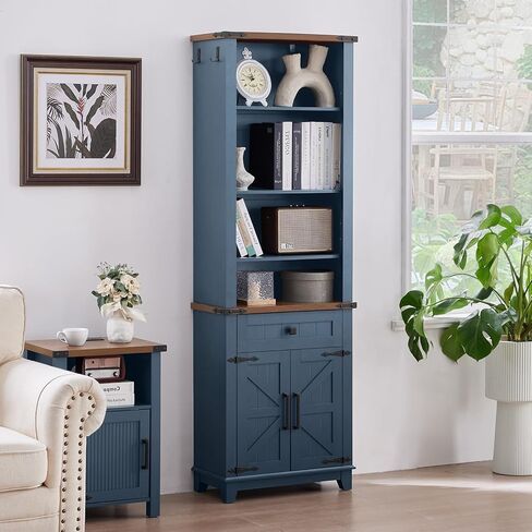 72in Tall Bookshelf 7 Tier Bookcase with Drawer and Barn Doors and Adjustable Shelves, Blue Farmhouse Book Shelf with Storage Cabinet, Wood Freestanding Display Bookshelves for Living Room in Kuwait