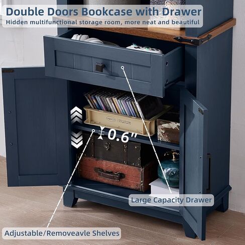 72in Tall Bookshelf 7 Tier Bookcase with Drawer and Barn Doors and Adjustable Shelves, Blue Farmhouse Book Shelf with Storage Cabinet, Wood Freestanding Display Bookshelves for Living Room in Kuwait