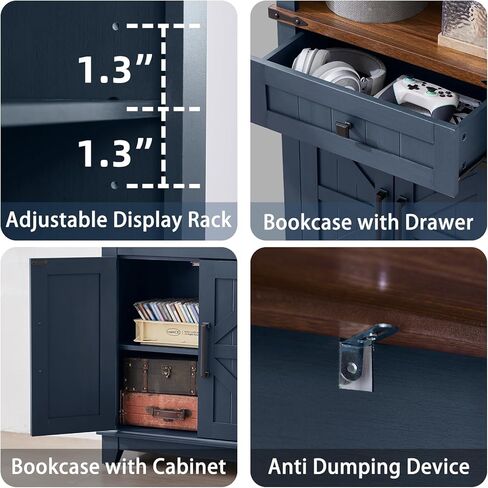 72in Tall Bookshelf 7 Tier Bookcase with Drawer and Barn Doors and Adjustable Shelves, Blue Farmhouse Book Shelf with Storage Cabinet, Wood Freestanding Display Bookshelves for Living Room in Kuwait