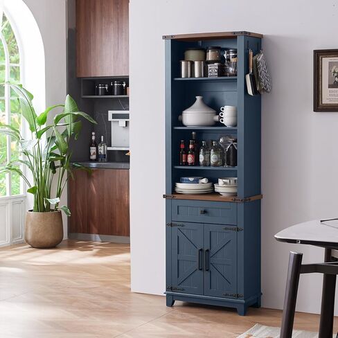 72in Tall Bookshelf 7 Tier Bookcase with Drawer and Barn Doors and Adjustable Shelves, Blue Farmhouse Book Shelf with Storage Cabinet, Wood Freestanding Display Bookshelves for Living Room in Kuwait