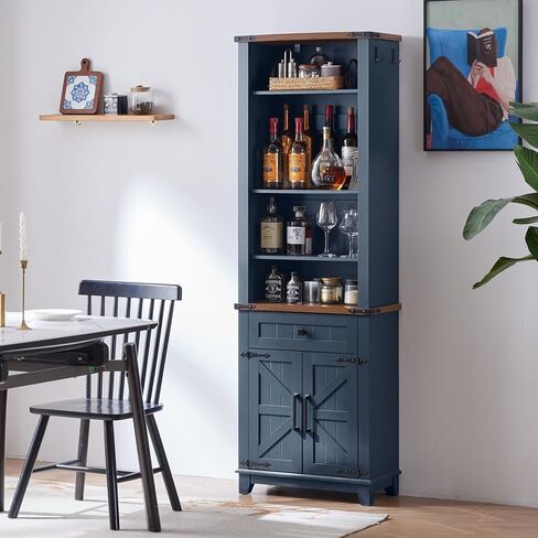 72in Tall Bookshelf 7 Tier Bookcase with Drawer and Barn Doors and Adjustable Shelves, Blue Farmhouse Book Shelf with Storage Cabinet, Wood Freestanding Display Bookshelves for Living Room in Kuwait