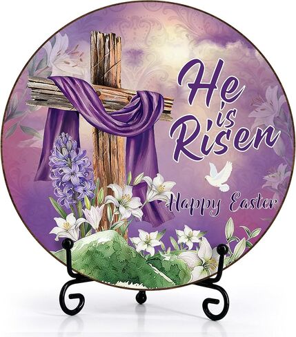 He Is Risen Desk Decor, Religious Tomb Cross Wooden Sign, Home Shelf Decorations, Wooden Round Sign With Stand For Family Friends Christian Easter Spring Gifts -02 in Saudi Arabia