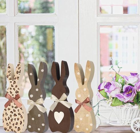 4 Pcs Easter Bunny Wooden Signs Bunny Shape Tabletop Rabbit Decor Wood Easter Decorations Freestanding Farmhouse Rabbit for Home Dining Room Office Tiered Tray Gift Indoor in Saudi Arabia