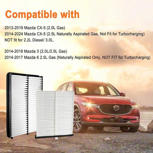 طقم فلتر هواء المقصورة والمحرك مناسب لمازدا CX-5 (2013-2024) 2.0L/2.5L غير توربو، Mazda3 (2014-2018)، Mazda6 (2014-2021)، استبدل KD4561J6X PE07133A0A in Saudi Arabia