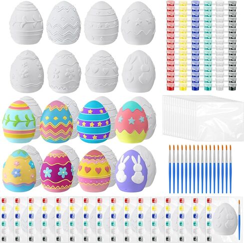 Set of 8 Ceramic Easter Egg DIY Painting Kit DIY Graffiti Art Handicrafts to Paint Your Own Easter Ceramic Egg Statues Plaster Brushes Acrylic Paints Bags Party Favor for Adults in Saudi Arabia