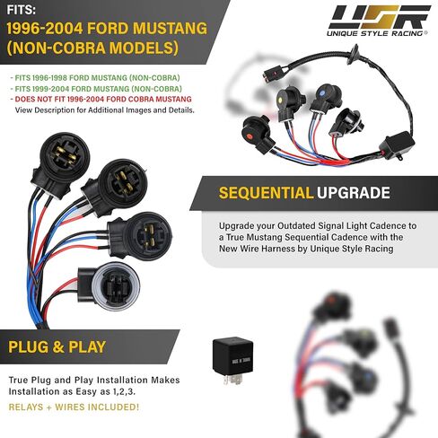 USR UNIQUE STYLE RACING Plug and Play Tail Light Wire Harness Set تفعيل لميزة الإشارة المتسلسلة (يسار + يمين) - متوافق مع 1996-2004 Ford Mustang in Saudi Arabia