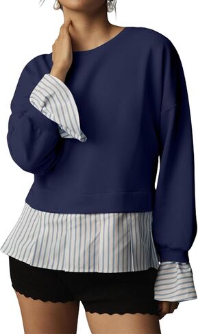 Striped Trim Twofer Sweatshirt For Women Crew Neck Long Sleeve Patchwork Pullovers Sweater Outfit in Kuwait