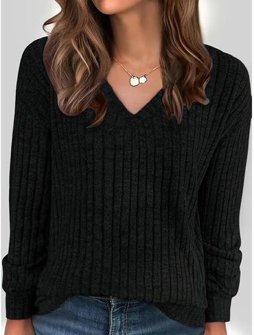 Women’s Long Sleeve V-Neck Top, Ribbed Slim Fit Knit Sweater, Soft and Cozy, Perfect for Casual Fall and Winter Wear (Black, XXL) in Saudi Arabia