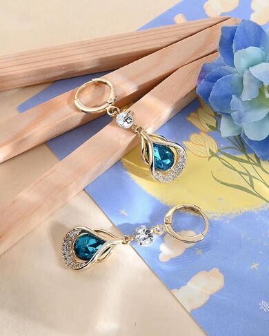 Trendy Sapphire Huggie Small Hoop Earrings with Hypoallergenic Blue Topaz Birthstones, 14K Gold Plated Teardrop Dangle Earrings for Women, Blue Crystal Jewelry for Daily & Occasions in Kuwait