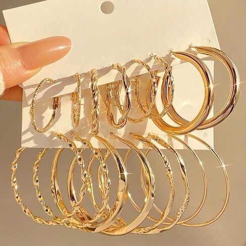 Women Gold Hoop Earrings Set, 8 Pairs Hypoallergenic Different Sizes Thin Thick Gold Plated Hoop Earrings Set for Jewelry Gifts in Saudi Arabia
