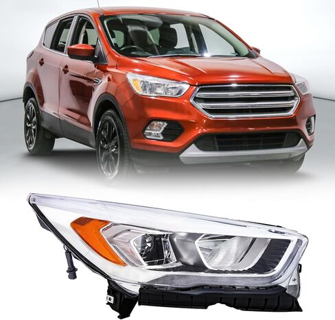 PENSUN Headlight Assembly Fit For 2017 2018 2019 Ford Escape Halogen Projector Headlamp W/LED DRL Chrome Housing Clear Lens (Passenger & Driver Side) in Kuwait