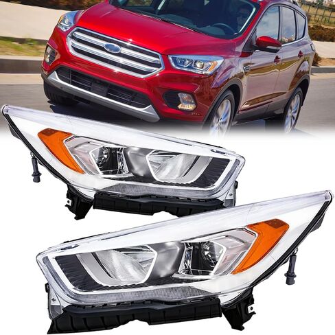 مجموعة مصابيح أمامية PENSUN تناسب 2017 2018 2019 Ford Escape الهالوجين العارض للمصابيح الأمامية مع LED DRL كروم الإسكان عدسة واضحة (جانب الركاب والسائق) in Kuwait