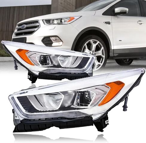 مجموعة مصابيح أمامية PENSUN تناسب 2017 2018 2019 Ford Escape الهالوجين العارض للمصابيح الأمامية مع LED DRL كروم الإسكان عدسة واضحة (جانب الركاب والسائق) in Kuwait