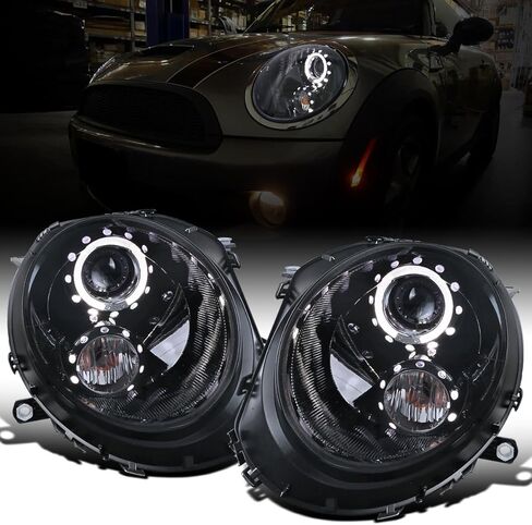 Ronnin - Fits 2007-2015 Mini Cooper R55 R56 R57 R58 R59 Upgraded LED Halo Rim Projector Headlights Assembly Pair | Black Smoke in Saudi Arabia