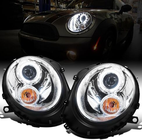 Ronnin - Fits 2007-2015 Mini Cooper R55 R56 R57 R58 R59 Upgraded LED Halo Rim Projector Headlights Assembly Pair | Black Smoke in Saudi Arabia