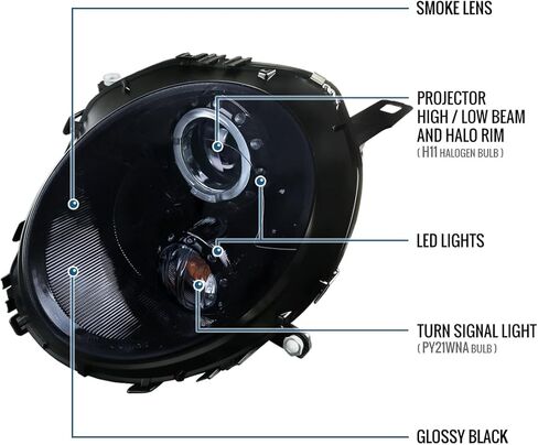 Ronnin - Fits 2007-2015 Mini Cooper R55 R56 R57 R58 R59 Upgraded LED Halo Rim Projector Headlights Assembly Pair | Black Smoke in Saudi Arabia