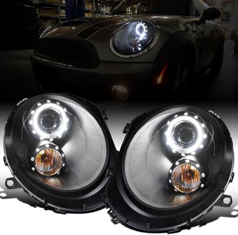 Ronnin - يناسب 2007-2015 Mini Cooper R55 R56 R57 R58 R59 زوج مجموعة المصابيح الأمامية لجهاز العرض LED Halo Rim | الدخان الأسود in Kuwait