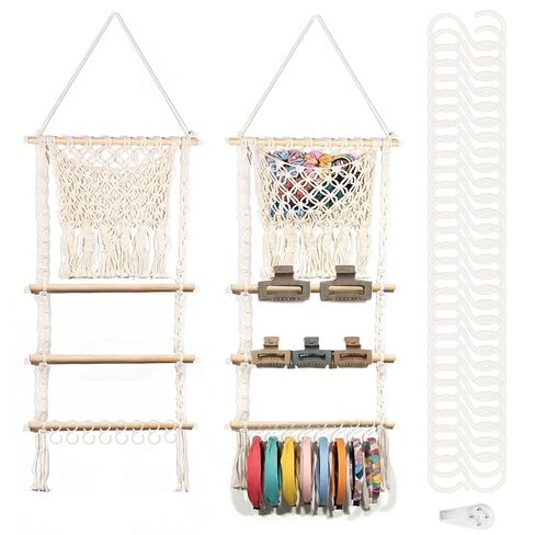 Hair Clip Holder Organizer Macrame Bow Organizer for Girls,Headband Holder Hair Accessories Storage Large Capacity Wall Hanging for Door Bedroom Wardrobe Home Decor (Beige B) in Kuwait