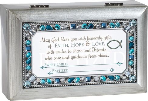 Cottage Garden Boy Baptized May God Bless You Brushed Silvertone Jewelry Music Box Plays Jesus Loves Me in Saudi Arabia