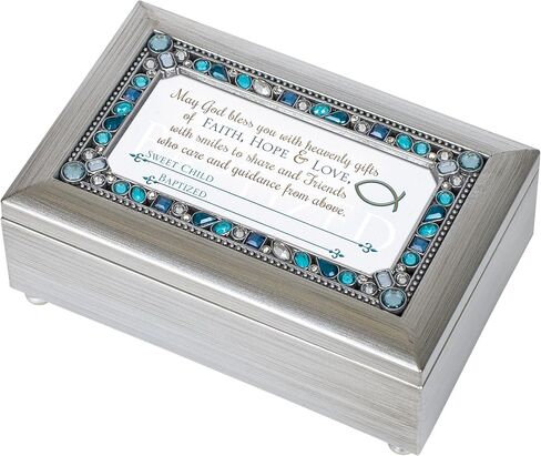 Cottage Garden Boy Baptized May God Bless You Brushed Silvertone Jewelry Music Box Plays Jesus Loves Me in Saudi Arabia