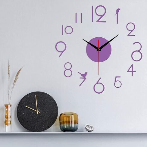 Frameless DIY Wall Clock, Large Modern 3D On Wall Clock, Silent Non Ticking, Funky Wall Sticker Clock For Living Room Kitchen Bedroom Office Home Decor (Purple) in Kuwait