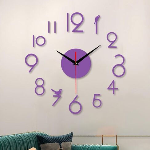 Frameless DIY Wall Clock, Large Modern 3D On Wall Clock, Silent Non Ticking, Funky Wall Sticker Clock For Living Room Kitchen Bedroom Office Home Decor (Purple) in Kuwait