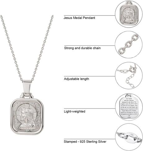 Vanbelle Sterling Silver - Rhodium Plated with 925 Stamp - Jesus Medal Pendant Necklace - Elegant Handcrafted Necklace for Men and Women - 18" Long + 2" Extender in Saudi Arabia