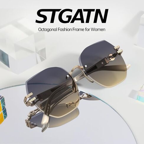 نظارات شمسية نسائية عصرية بدون إطار من STGATN، ظلال مصممة للحماية من الأشعة فوق البنفسجية، نظارات شمسية أنيقة بدون إطار من قطع الماس ST7703 in Kuwait