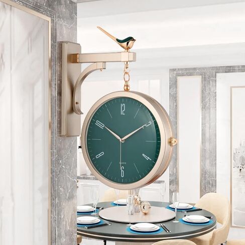 Double Sided Wall Clock with Bird Figurine – Vintage Roman Numerals, Decorative Metal and Glass Hanging Clock, Battery Operated for Living Room Decor (Green) in Saudi Arabia