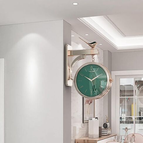 Double Sided Wall Clock with Bird Figurine – Vintage Roman Numerals, Decorative Metal and Glass Hanging Clock, Battery Operated for Living Room Decor (Green) in Saudi Arabia