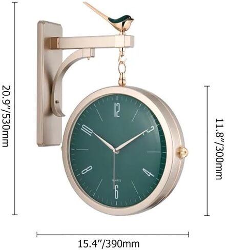 Double Sided Wall Clock with Bird Figurine – Vintage Roman Numerals, Decorative Metal and Glass Hanging Clock, Battery Operated for Living Room Decor (Green) in Saudi Arabia