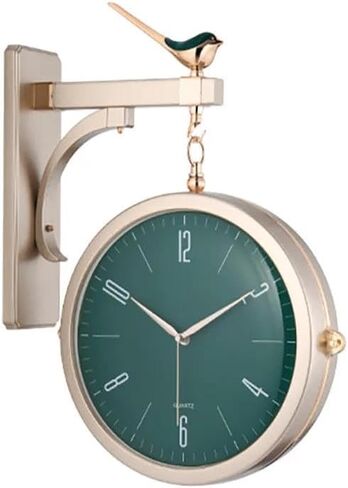 Double Sided Wall Clock with Bird Figurine – Vintage Roman Numerals, Decorative Metal and Glass Hanging Clock, Battery Operated for Living Room Decor (Green) in Saudi Arabia