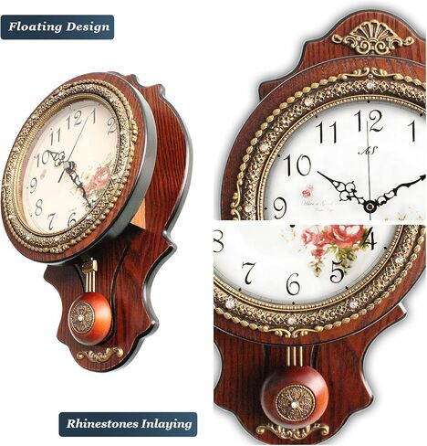 Aero Snail Wall Clock with Swinging Pendulum, Retro Style Silent Clock with Crystal Decoration, Vintage Decor European Victoria Wood Clock for Indoor Bedroom Living Room, W166-1A in Saudi Arabia