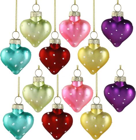 12pcs Valentines Heart Glass Ornaments 1.7in Hand-Blown Glass Heart Ornaments for Tree Mini Romantic Love Hearts Decoration for Wedding, Party, Anniversary, for Women in Kuwait