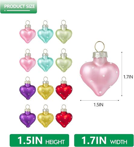 12pcs Valentines Heart Glass Ornaments 1.7in Hand-Blown Glass Heart Ornaments for Tree Mini Romantic Love Hearts Decoration for Wedding, Party, Anniversary, for Women in Kuwait