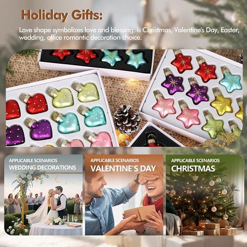 12pcs Valentines Heart Glass Ornaments 1.7in Hand-Blown Glass Heart Ornaments for Tree Mini Romantic Love Hearts Decoration for Wedding, Party, Anniversary, for Women in Kuwait