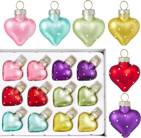 12pcs Valentines Heart Glass Ornaments 1.7in Hand-Blown Glass Heart Ornaments for Tree Mini Romantic Love Hearts Decoration for Wedding, Party, Anniversary, for Women in Kuwait