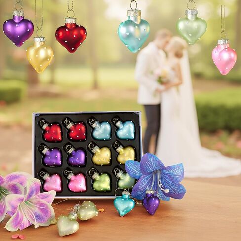 12pcs Valentines Heart Glass Ornaments 1.7in Hand-Blown Glass Heart Ornaments for Tree Mini Romantic Love Hearts Decoration for Wedding, Party, Anniversary, for Women in Kuwait