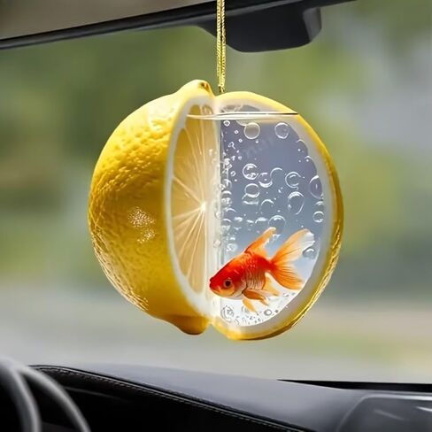 Acrylic Lemon & Goldfish Ornament - Creative Half-Lemon Aquarium Hanging Decor with Golden Rope for Car Mirror, Home Window & Shelf (1 Piece)/GJ-32 in Saudi Arabia