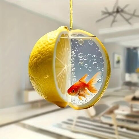 Acrylic Lemon & Goldfish Ornament - Creative Half-Lemon Aquarium Hanging Decor with Golden Rope for Car Mirror, Home Window & Shelf (1 Piece)/GJ-32 in Saudi Arabia