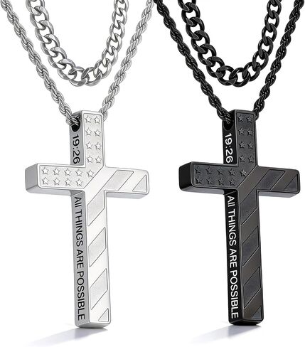 4 PCS American Flag Cross Necklace for Men, Stainless Steel Layered Pendant Chains with Bible Verse, Ideal for Communion, Confirmation, Father’s Day, Independence Day, Patriotic Christian Gift for Men in Kuwait
