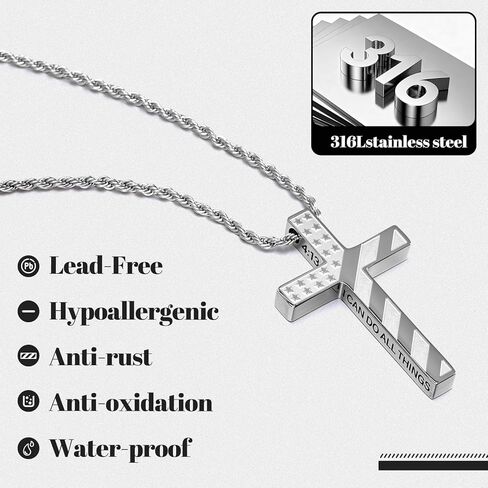 4 PCS American Flag Cross Necklace for Men, Stainless Steel Layered Pendant Chains with Bible Verse, Ideal for Communion, Confirmation, Father’s Day, Independence Day, Patriotic Christian Gift for Men in Kuwait