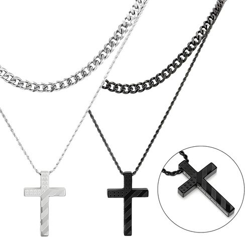 4 PCS American Flag Cross Necklace for Men, Stainless Steel Layered Pendant Chains with Bible Verse, Ideal for Communion, Confirmation, Father’s Day, Independence Day, Patriotic Christian Gift for Men in Kuwait