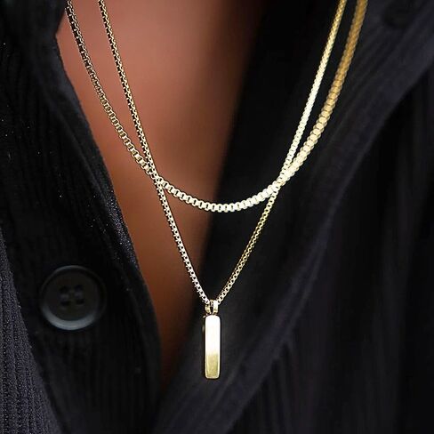 QueenBee 14K الذهب والذهب الأبيض سلسلة مربع قلادة شريط صغير للرجال، الحد الأدنى مجوهرات مضادة للماء هيبوالرجينيك، هدية له - عيد ميلاد، عيد الأب، عيد الحب in Kuwait