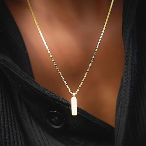 QueenBee 14K الذهب والذهب الأبيض سلسلة مربع قلادة شريط صغير للرجال، الحد الأدنى مجوهرات مضادة للماء هيبوالرجينيك، هدية له - عيد ميلاد، عيد الأب، عيد الحب in Kuwait