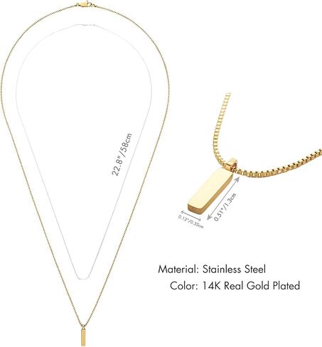 QueenBee 14K الذهب والذهب الأبيض سلسلة مربع قلادة شريط صغير للرجال، الحد الأدنى مجوهرات مضادة للماء هيبوالرجينيك، هدية له - عيد ميلاد، عيد الأب، عيد الحب in Kuwait
