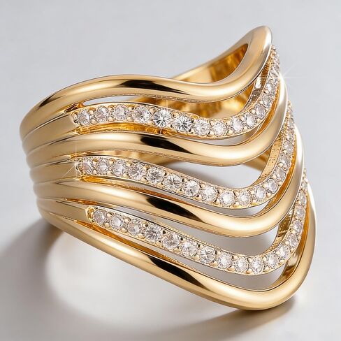Multi-Band Wave Ring for Women Modern Jewelry with Cubic Zirconia in Saudi Arabia