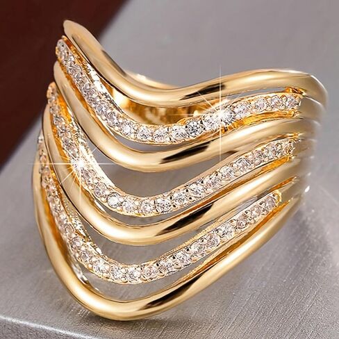 Multi-Band Wave Ring for Women Modern Jewelry with Cubic Zirconia in Saudi Arabia